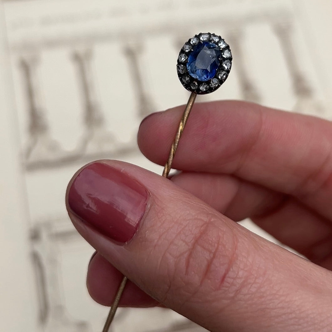Reserved for 'R', payment 2/2: Sapphire & Diamond Cluster Stickpin