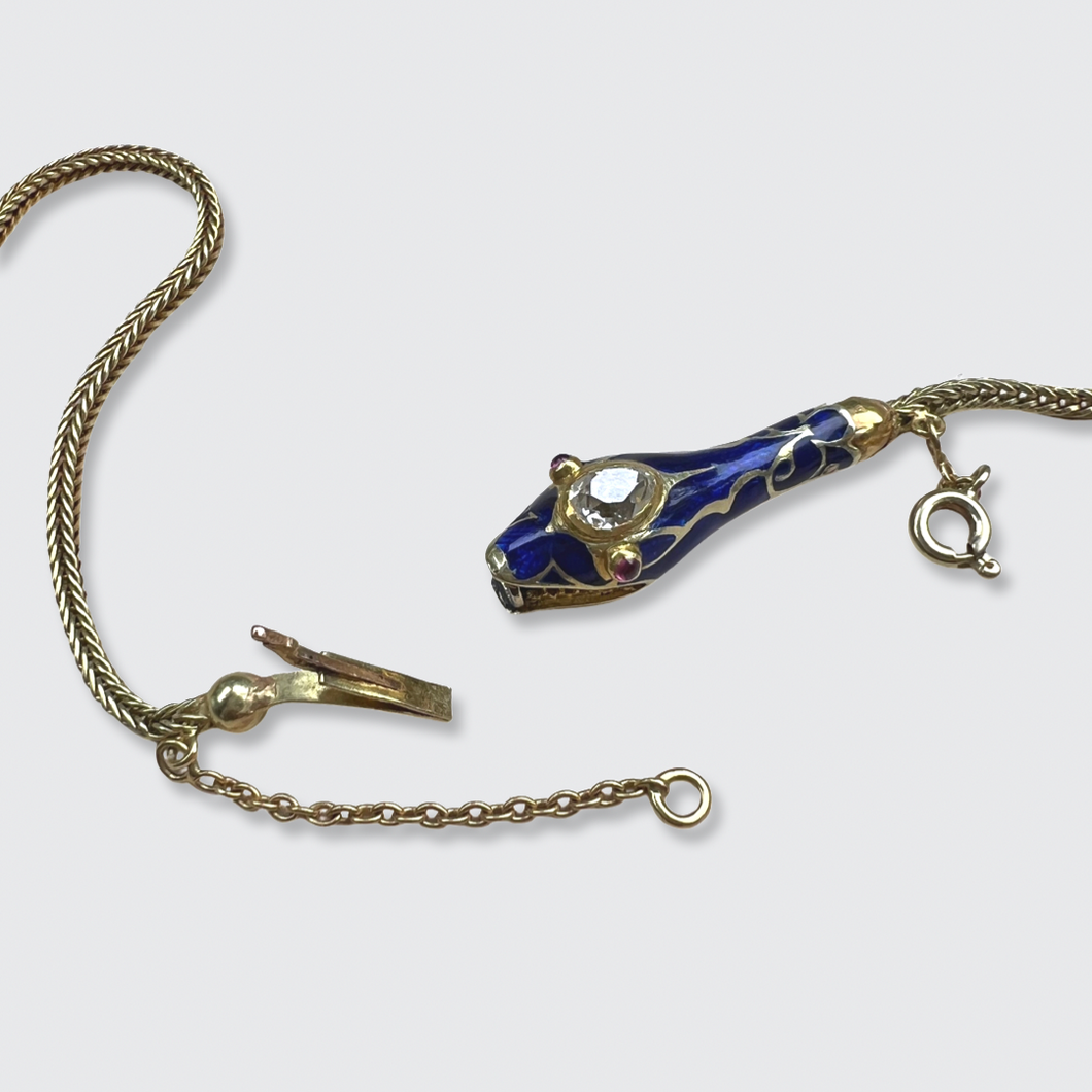 Diamond & Blue Enamel Ouroboros Necklace