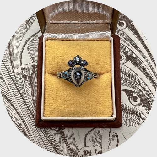 Georgian Rose-Cut Diamond & Enamel Crowned Heart Ring
