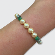 Load image into Gallery viewer, Vintage Pearl Bracelet with Emerald &amp; Diamond Spacers