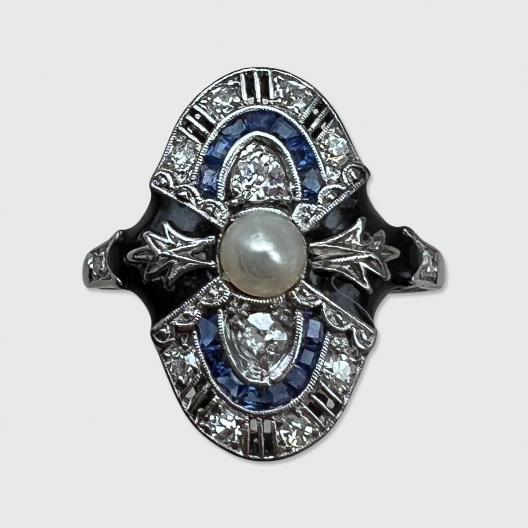 Art Deco Enamel, Sapphire & Diamond Ring