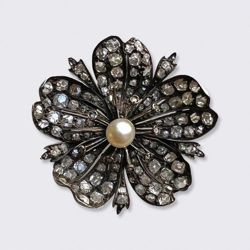 Victorian Diamond & Pearl Flower Brooch
