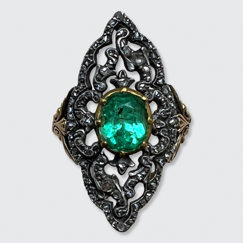 Impressive Emerald & Rose-Cut Diamond Marquise Cluster Ring